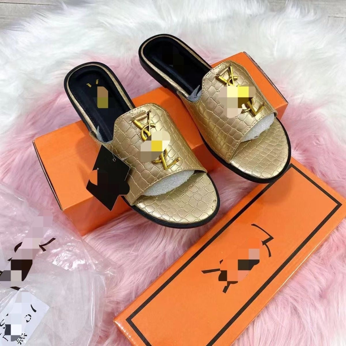 【#A373】Metal Decor Flat Slide Sandals, Women Simple Smooth & Croc Texture Outdoor Casual Mules