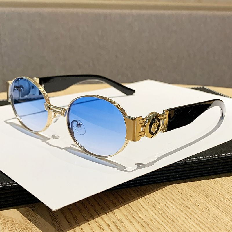 【#A375】Vintage Carved Metal Round Gradient Sunglasses, Luxury Metal Badge Hollow Temple Outdoor Shades
