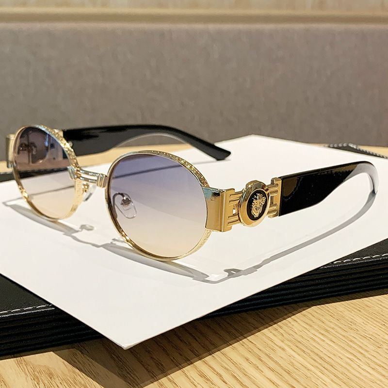 【#A375】Vintage Carved Metal Round Gradient Sunglasses, Luxury Metal Badge Hollow Temple Outdoor Shades