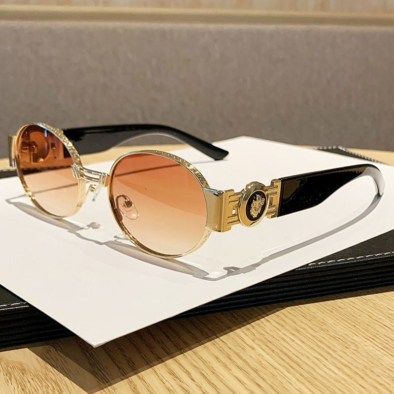 【#A375】Vintage Carved Metal Round Gradient Sunglasses, Luxury Metal Badge Hollow Temple Outdoor Shades