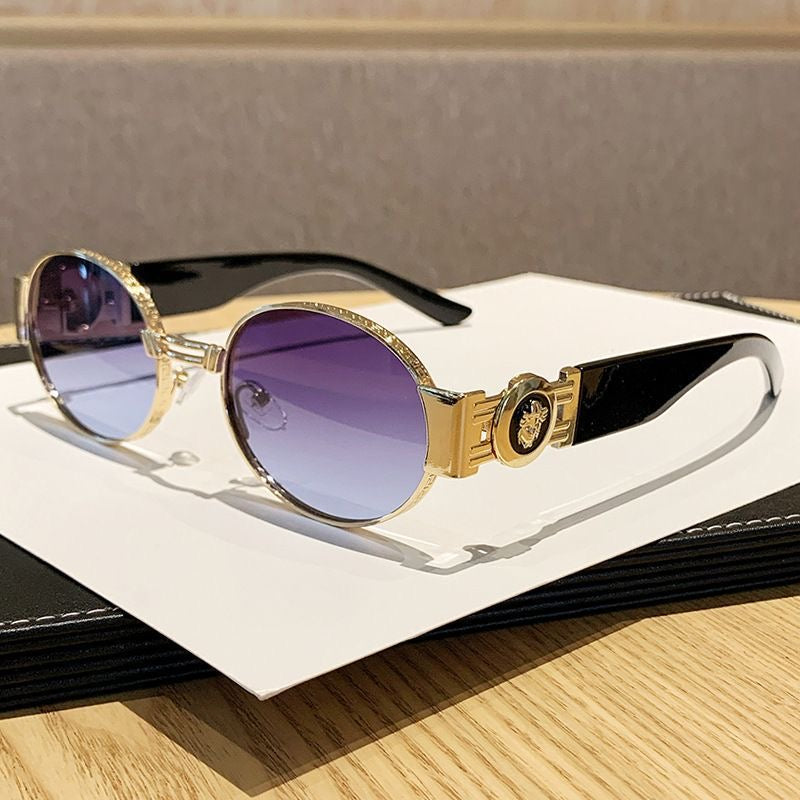 【#A375】Vintage Carved Metal Round Gradient Sunglasses, Luxury Metal Badge Hollow Temple Outdoor Shades