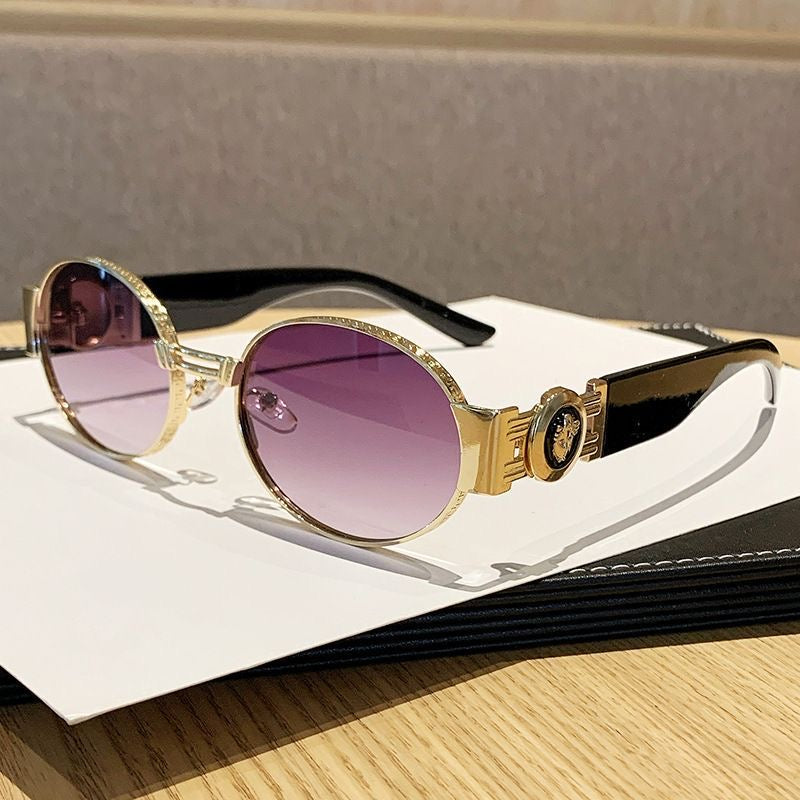 【#A375】Vintage Carved Metal Round Gradient Sunglasses, Luxury Metal Badge Hollow Temple Outdoor Shades