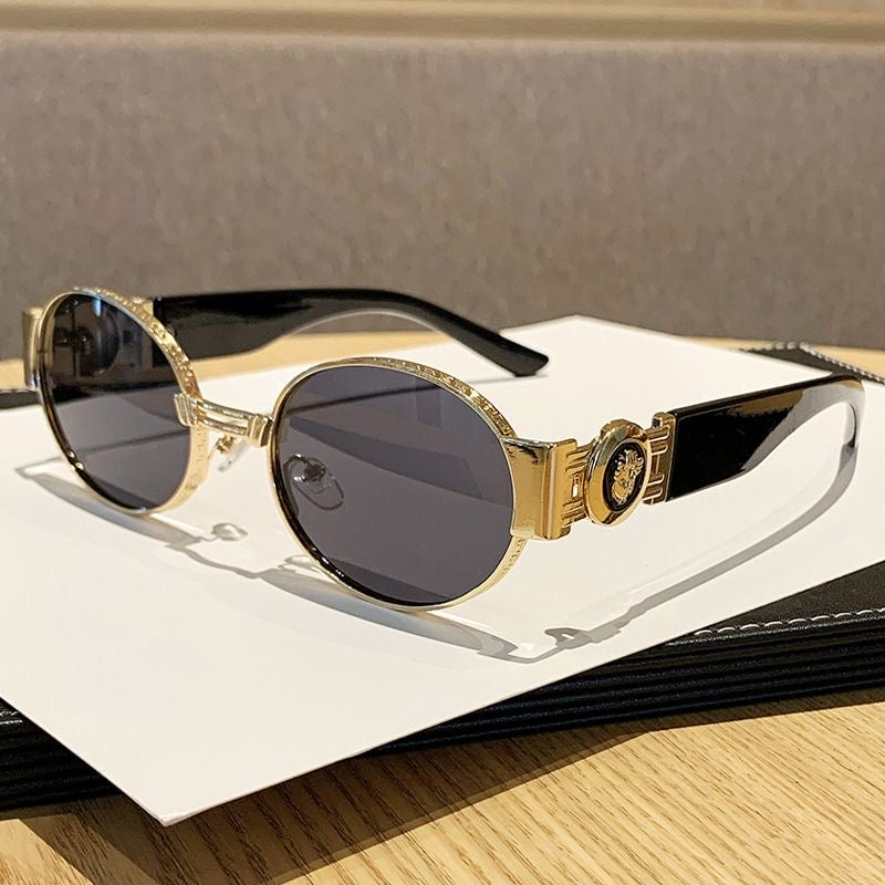 【#A375】Vintage Carved Metal Round Gradient Sunglasses, Luxury Metal Badge Hollow Temple Outdoor Shades