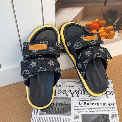 【#A376】Vintage Rhombus Denim Double Strap Platform Slides, Women Anti-Slip Elevated Outdoor Casual Sandals