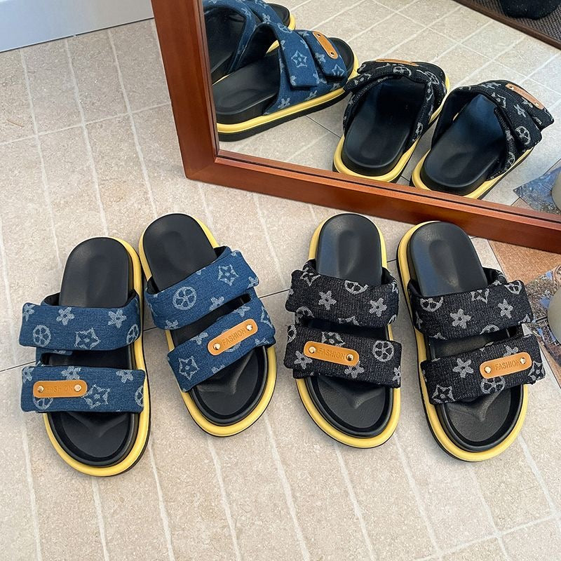 【#A376】Vintage Rhombus Denim Double Strap Platform Slides, Women Anti-Slip Elevated Outdoor Casual Sandals