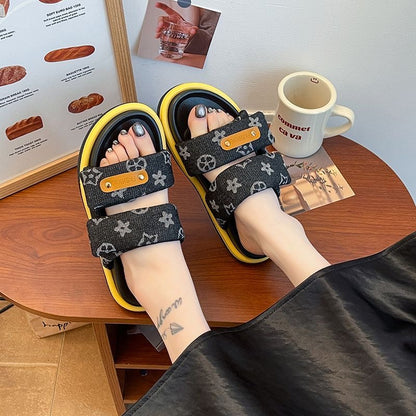 【#A376】Vintage Rhombus Denim Double Strap Platform Slides, Women Anti-Slip Elevated Outdoor Casual Sandals