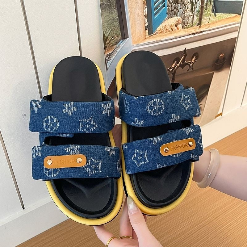 【#A376】Vintage Rhombus Denim Double Strap Platform Slides, Women Anti-Slip Elevated Outdoor Casual Sandals