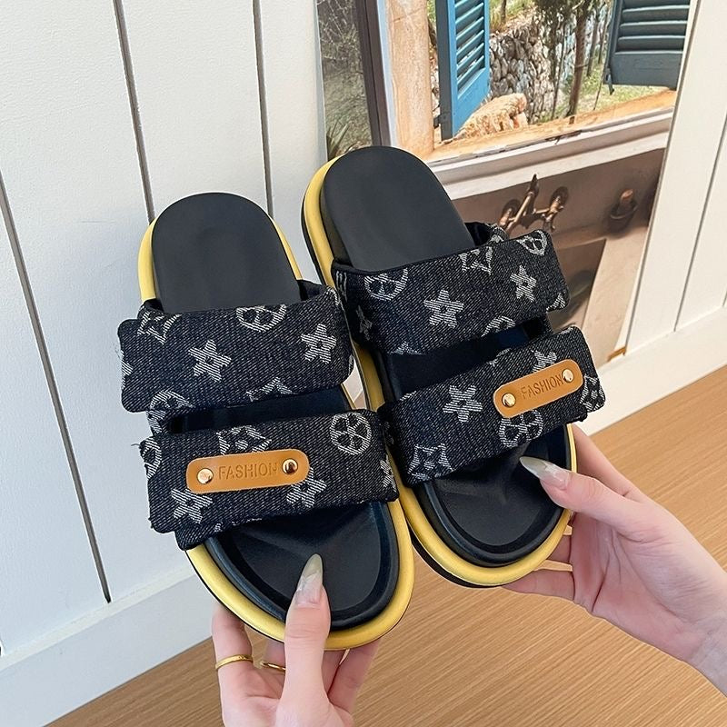 【#A376】Vintage Rhombus Denim Double Strap Platform Slides, Women Anti-Slip Elevated Outdoor Casual Sandals