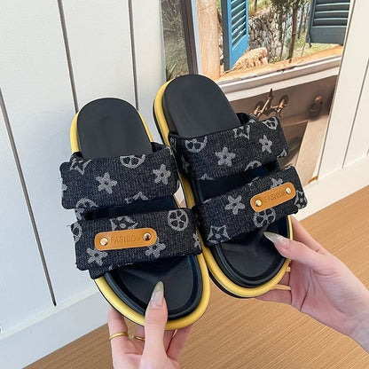 【#A376】Vintage Rhombus Denim Double Strap Platform Slides, Women Anti-Slip Elevated Outdoor Casual Sandals