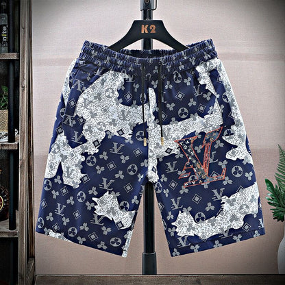【#A377】Color Block Floral Print Knee-Length Shorts, Men Lightweight Drawstring Loose Beach Casual Pants