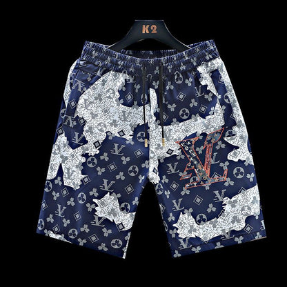 【#A377】Color Block Floral Print Knee-Length Shorts, Men Lightweight Drawstring Loose Beach Casual Pants