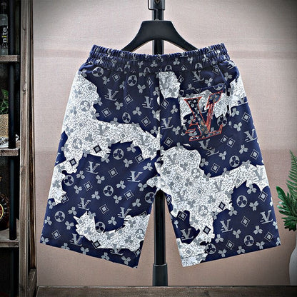 【#A377】Color Block Floral Print Knee-Length Shorts, Men Lightweight Drawstring Loose Beach Casual Pants