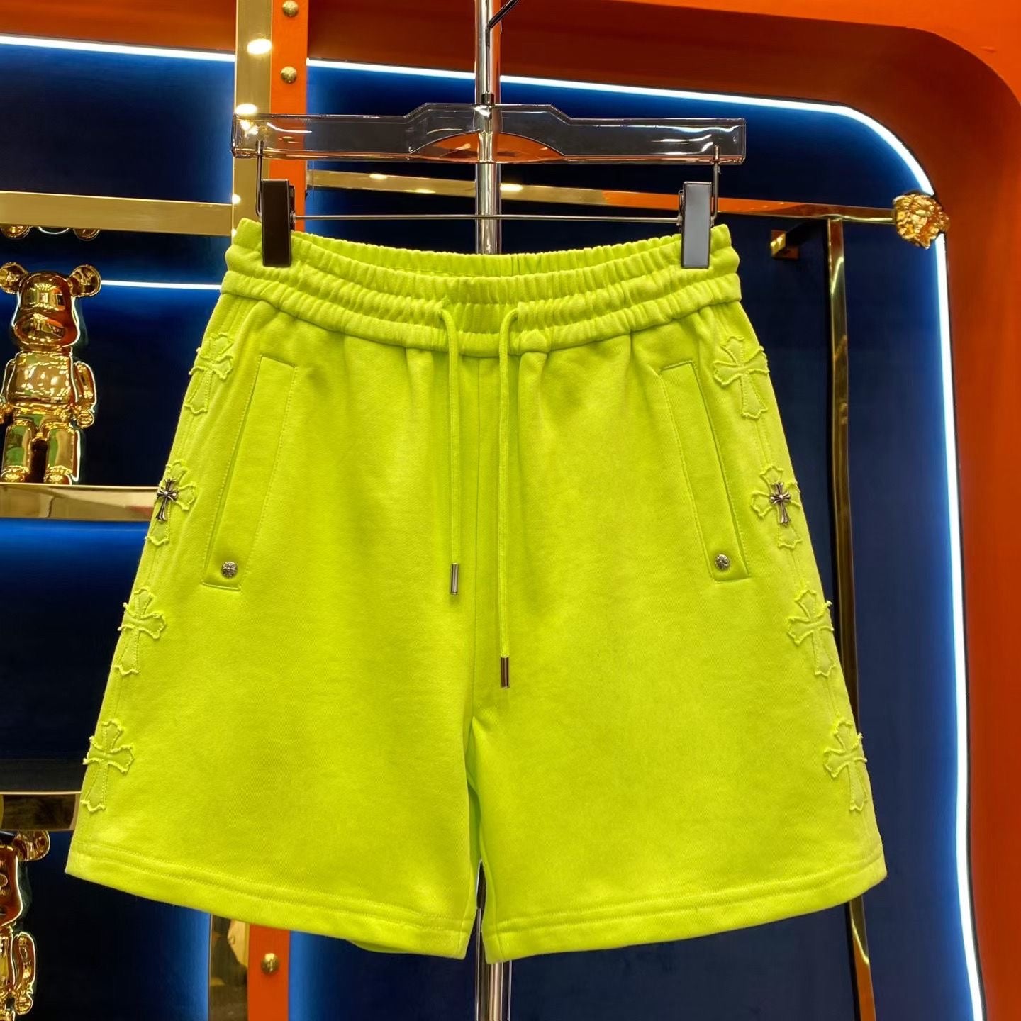 【#A379】Side 3D Cross Embroidery Knee-Length Sweat Shorts, Unisex Solid Drawstring Loose Sports Shorts