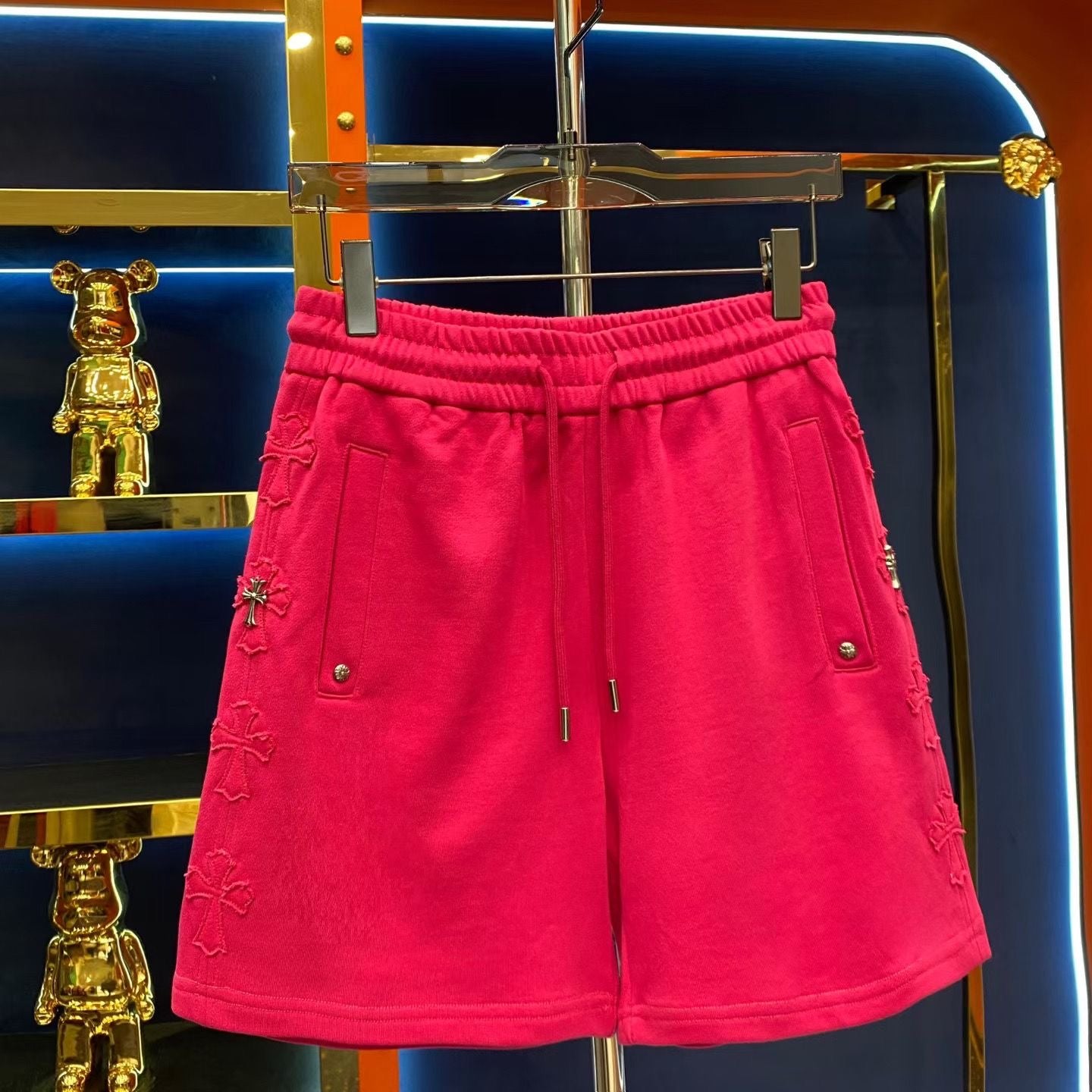 【#A379】Side 3D Cross Embroidery Knee-Length Sweat Shorts, Unisex Solid Drawstring Loose Sports Shorts