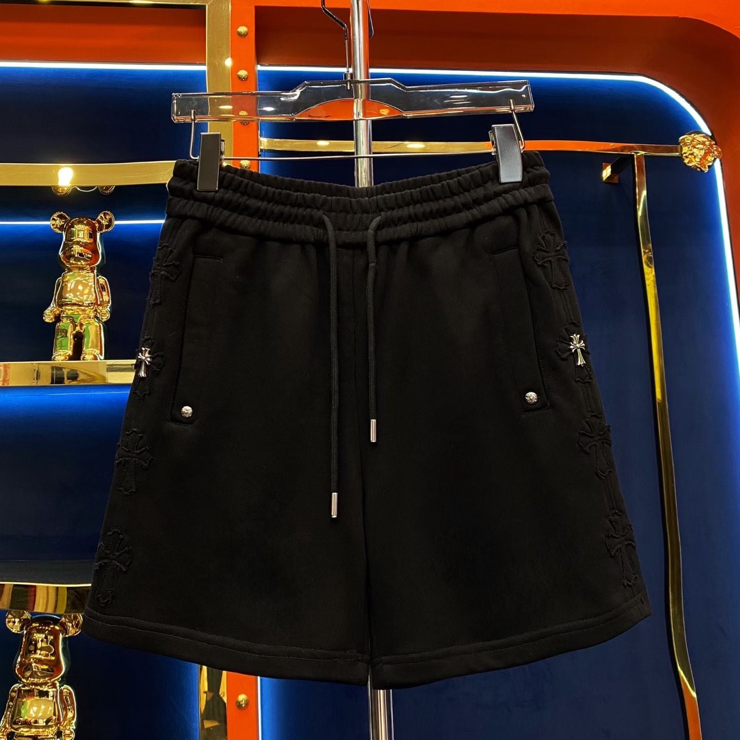 【#A379】Side 3D Cross Embroidery Knee-Length Sweat Shorts, Unisex Solid Drawstring Loose Sports Shorts