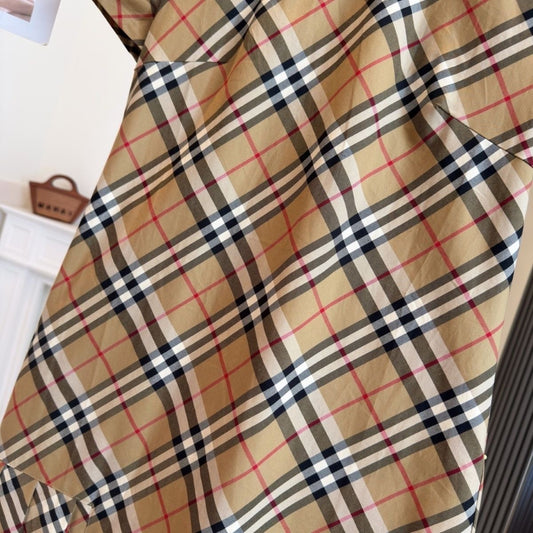 【#A381】Vintage Classic Plaid Crew Neck Short Sleeve Dress, Women Pleated Hem Loose Straight Commuter Midi Dress