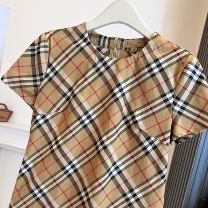 【#A381】Vintage Classic Plaid Crew Neck Short Sleeve Dress, Women Pleated Hem Loose Straight Commuter Midi Dress