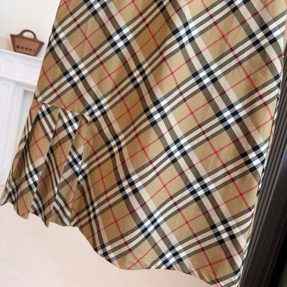 【#A381】Vintage Classic Plaid Crew Neck Short Sleeve Dress, Women Pleated Hem Loose Straight Commuter Midi Dress