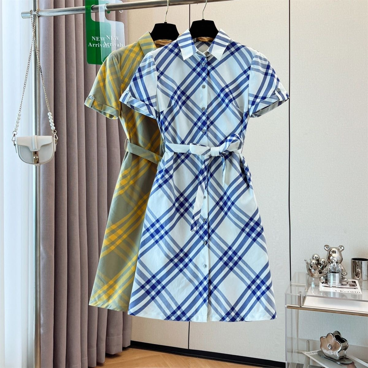 【#A382】Vintage Diagonal Plaid Collared Shirt Dress, Women Waist Tie Short Sleeve Commuter Midi Dress