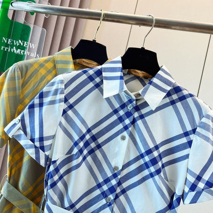 【#A382】Vintage Diagonal Plaid Collared Shirt Dress, Women Waist Tie Short Sleeve Commuter Midi Dress