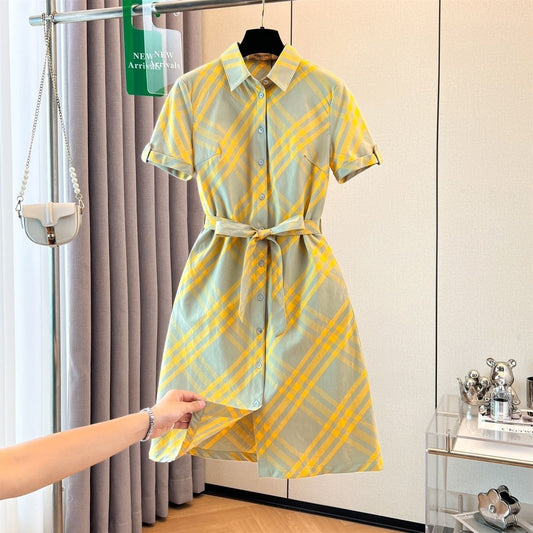 【#A382】Vintage Diagonal Plaid Collared Shirt Dress, Women Waist Tie Short Sleeve Commuter Midi Dress