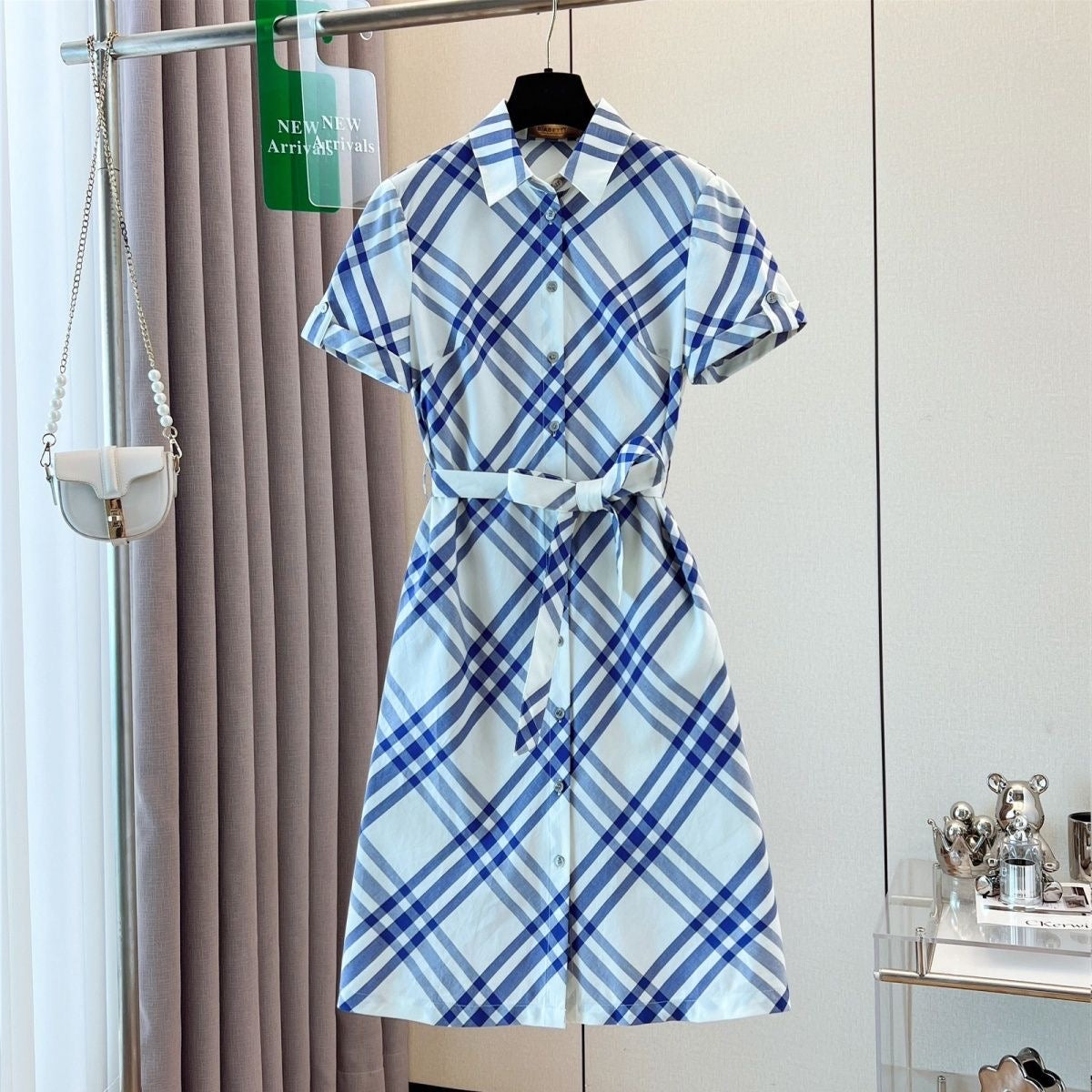 【#A382】Vintage Diagonal Plaid Collared Shirt Dress, Women Waist Tie Short Sleeve Commuter Midi Dress