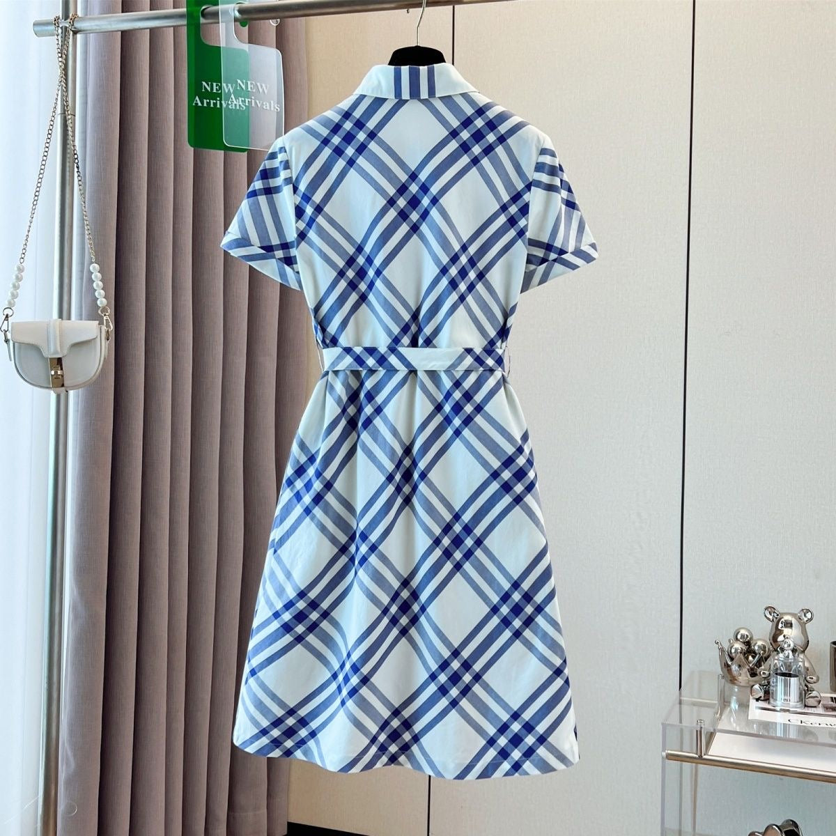 【#A382】Vintage Diagonal Plaid Collared Shirt Dress, Women Waist Tie Short Sleeve Commuter Midi Dress