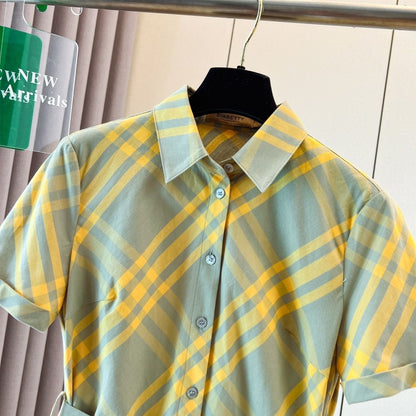 【#A382】Vintage Diagonal Plaid Collared Shirt Dress, Women Waist Tie Short Sleeve Commuter Midi Dress