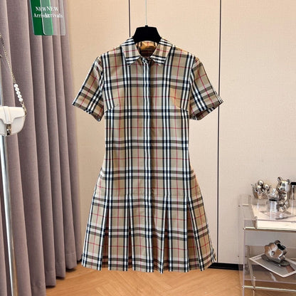 【#A383】Classic Vintage Plaid Collared Shirt Pleated Mini Dress, Women Short Sleeve Slim Commuter Dress