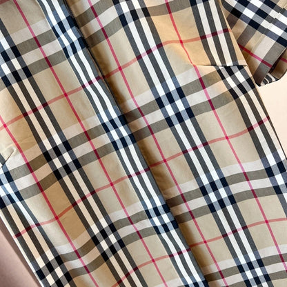 【#A383】Classic Vintage Plaid Collared Shirt Pleated Mini Dress, Women Short Sleeve Slim Commuter Dress