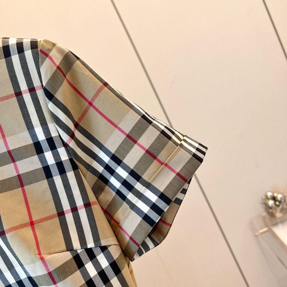 【#A383】Classic Vintage Plaid Collared Shirt Pleated Mini Dress, Women Short Sleeve Slim Commuter Dress