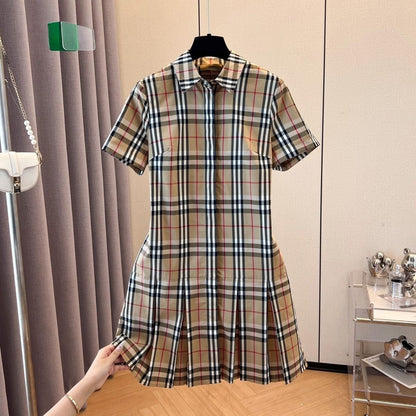 【#A383】Classic Vintage Plaid Collared Shirt Pleated Mini Dress, Women Short Sleeve Slim Commuter Dress