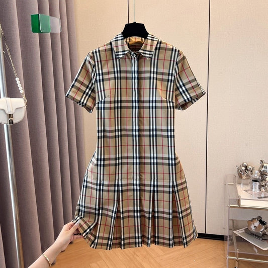 【#A383】Classic Vintage Plaid Collared Shirt Pleated Mini Dress, Women Short Sleeve Slim Commuter Dress