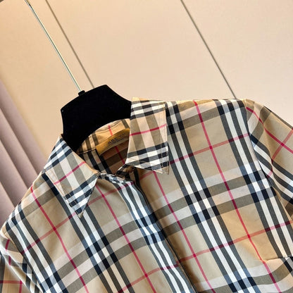 【#A383】Classic Vintage Plaid Collared Shirt Pleated Mini Dress, Women Short Sleeve Slim Commuter Dress