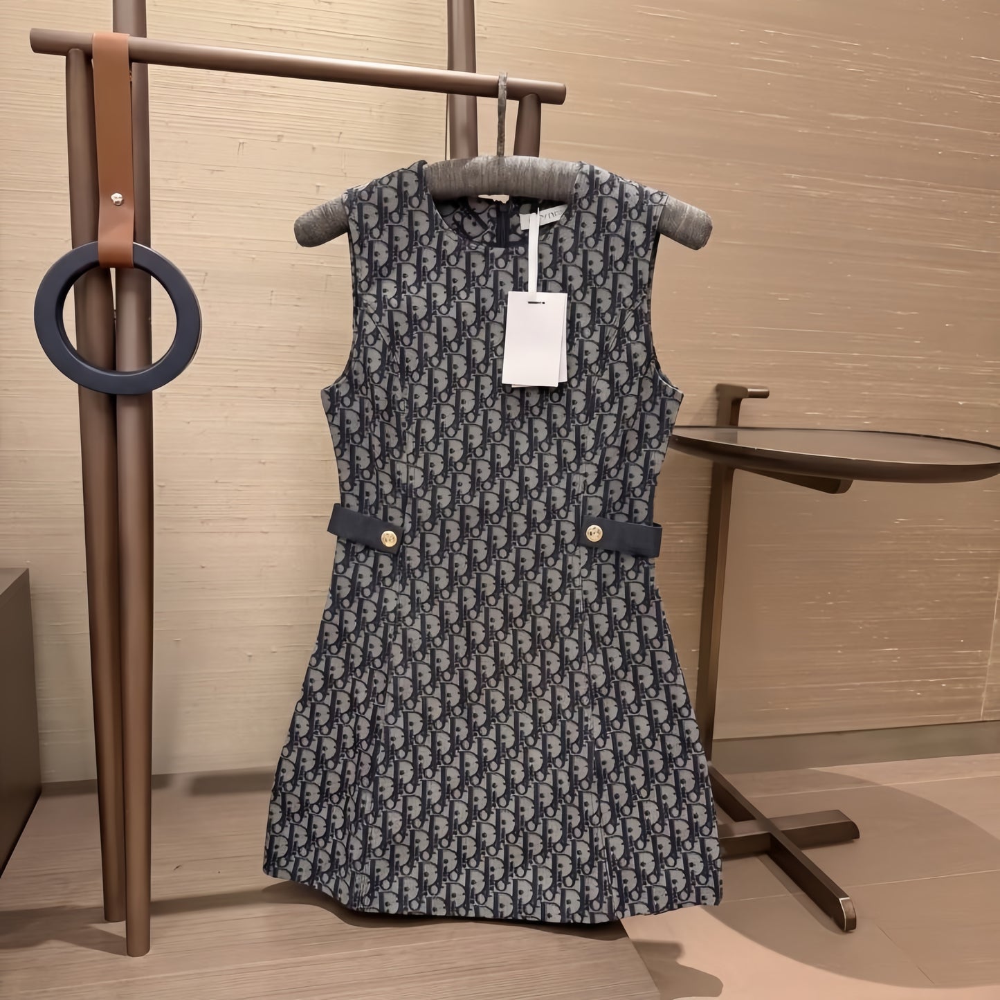 【#A384】All Over Monogram Sleeveless Waist-Cinched Mini Dress, Vintage Jacquard Crew Neck Slim Commuter Tank Dress