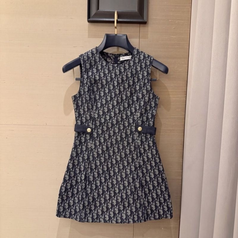 【#A384】All Over Monogram Sleeveless Waist-Cinched Mini Dress, Vintage Jacquard Crew Neck Slim Commuter Tank Dress
