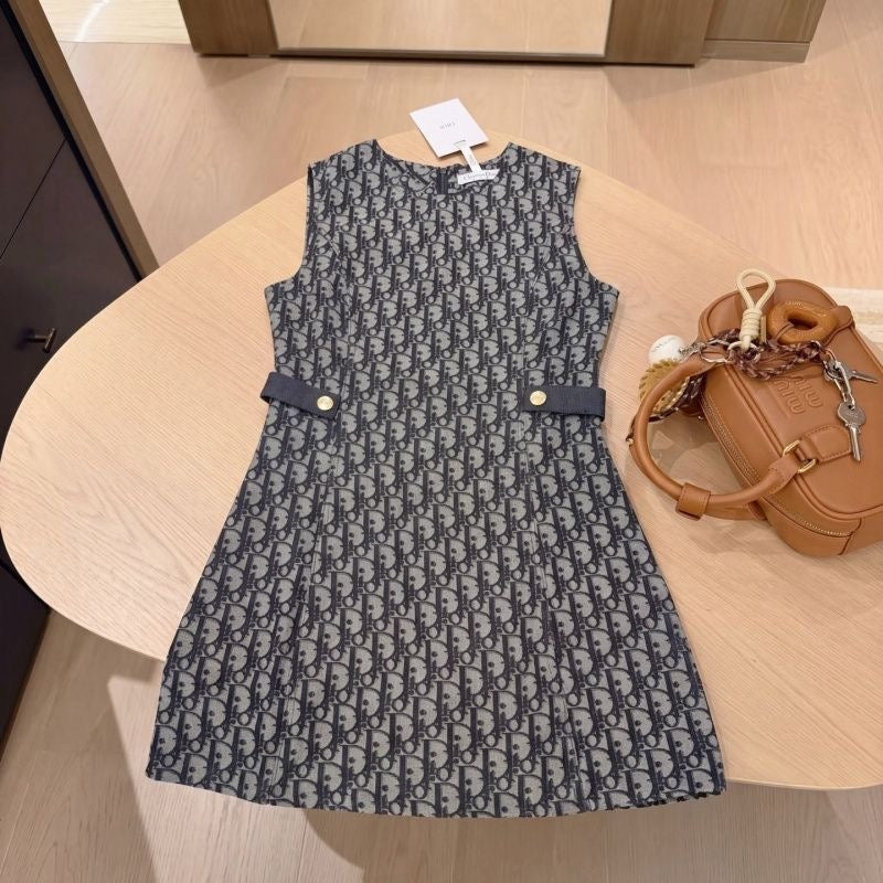 【#A384】All Over Monogram Sleeveless Waist-Cinched Mini Dress, Vintage Jacquard Crew Neck Slim Commuter Tank Dress
