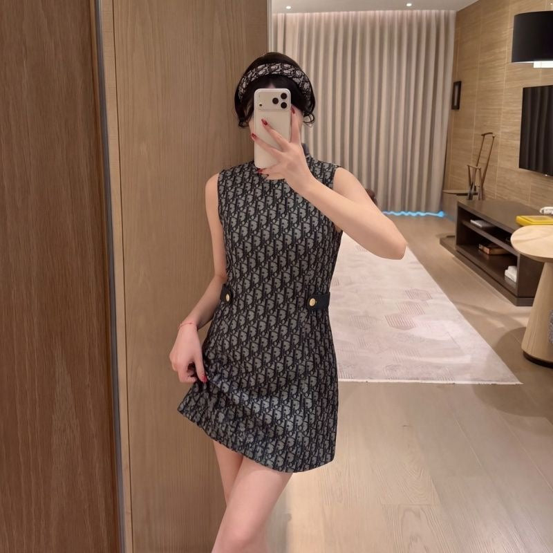 【#A384】All Over Monogram Sleeveless Waist-Cinched Mini Dress, Vintage Jacquard Crew Neck Slim Commuter Tank Dress