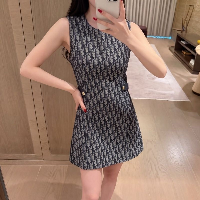 【#A384】All Over Monogram Sleeveless Waist-Cinched Mini Dress, Vintage Jacquard Crew Neck Slim Commuter Tank Dress