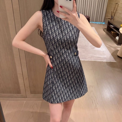 【#A384】All Over Monogram Sleeveless Waist-Cinched Mini Dress, Vintage Jacquard Crew Neck Slim Commuter Tank Dress