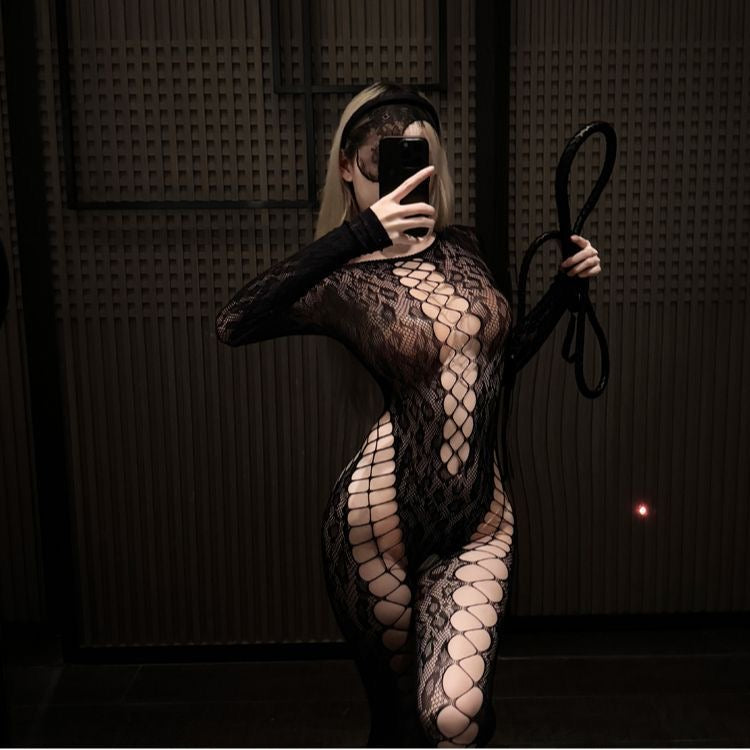 【#A385】Sexy Hollow Lace Long Sleeve Bodystocking, Slim See-Through Lingerie For Private Shooting