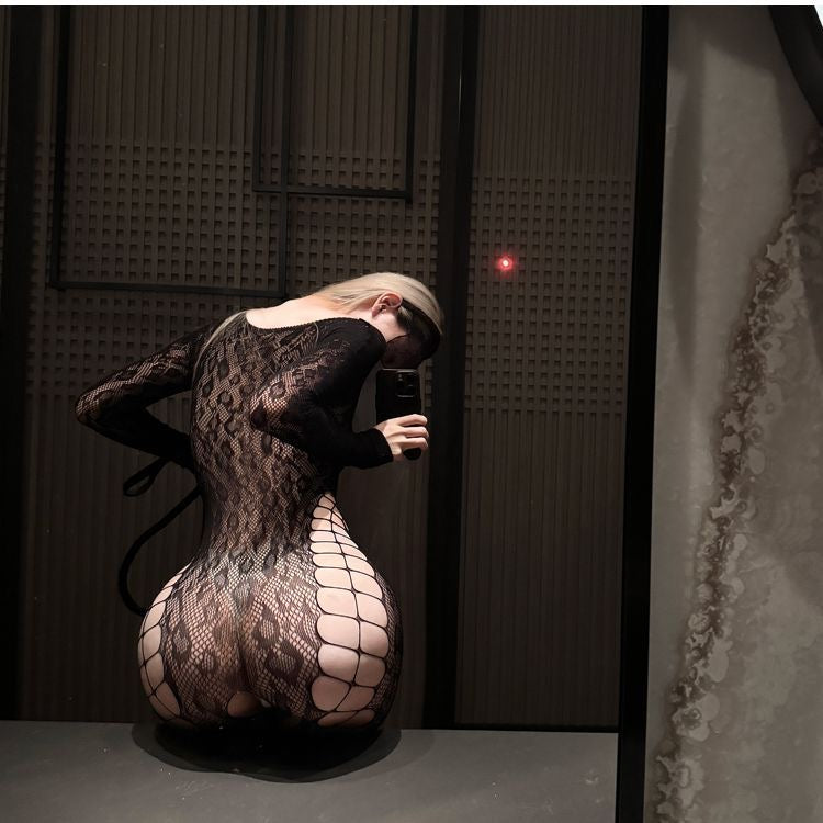【#A385】Sexy Hollow Lace Long Sleeve Bodystocking, Slim See-Through Lingerie For Private Shooting