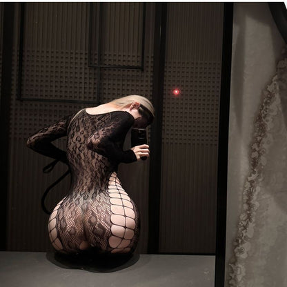 【#A385】Sexy Hollow Lace Long Sleeve Bodystocking, Slim See-Through Lingerie For Private Shooting