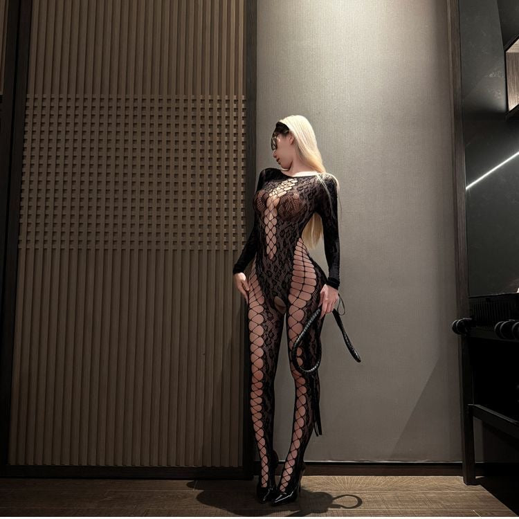 【#A385】Sexy Hollow Lace Long Sleeve Bodystocking, Slim See-Through Lingerie For Private Shooting
