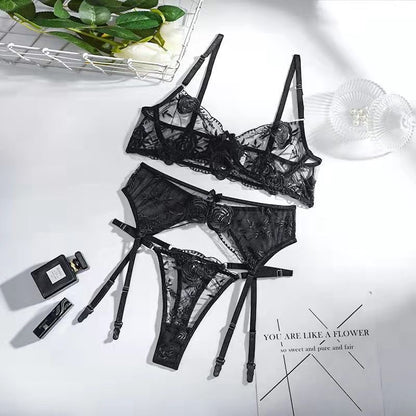 【#A387】French Rose Embroidery Sheer Mesh 3-Piece Lingerie Set, Pure Sexy Bra & Garter Belt Underwear Kit