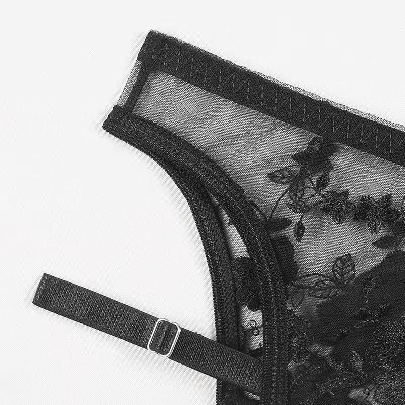 【#A387】French Rose Embroidery Sheer Mesh 3-Piece Lingerie Set, Pure Sexy Bra & Garter Belt Underwear Kit