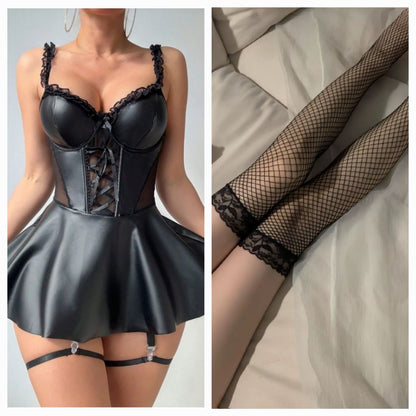 【#A390】Shiny Faux Leather Lace Trim Corset Mini Dress Set, Sexy Lace-Up Waist Garter Lingerie