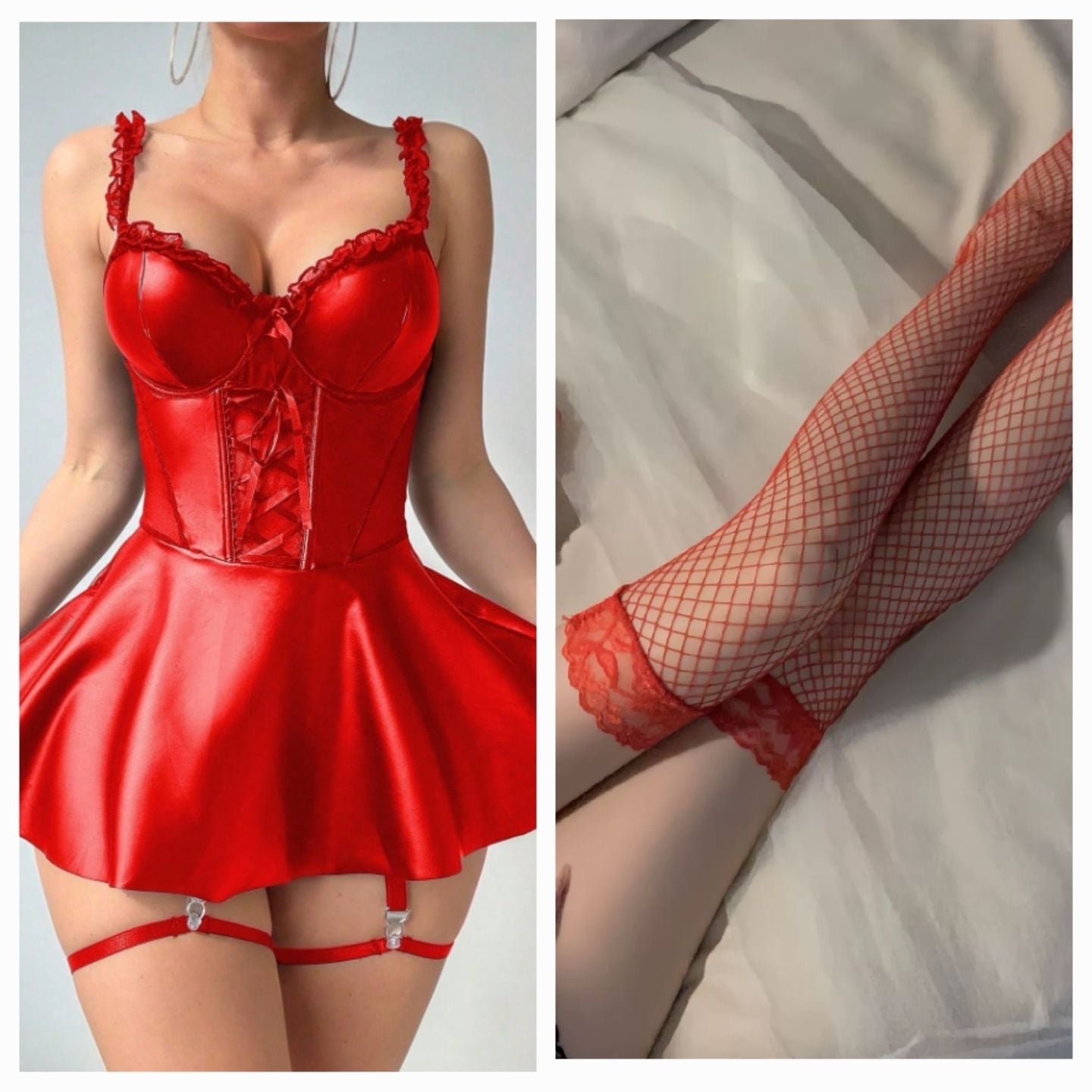 【#A390】Shiny Faux Leather Lace Trim Corset Mini Dress Set, Sexy Lace-Up Waist Garter Lingerie