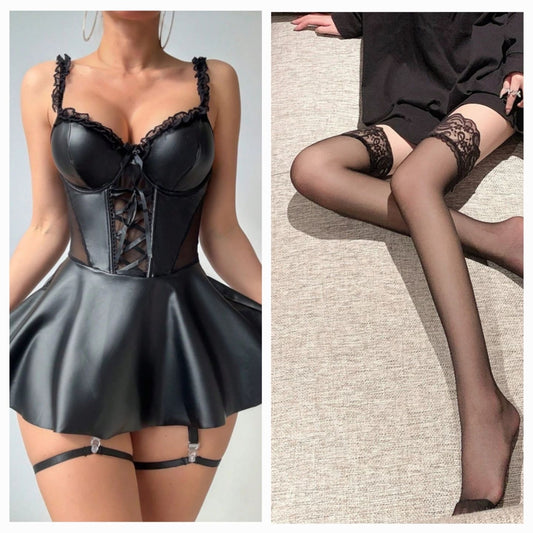 【#A390】Shiny Faux Leather Lace Trim Corset Mini Dress Set, Sexy Lace-Up Waist Garter Lingerie