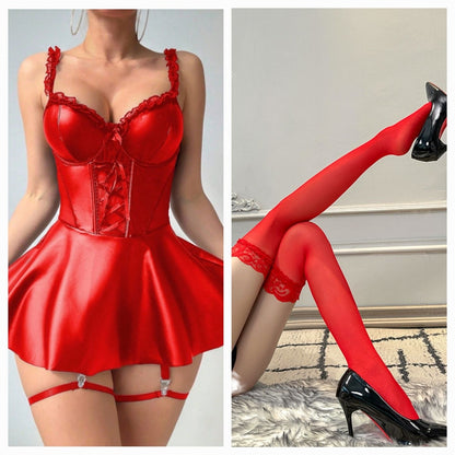 【#A390】Shiny Faux Leather Lace Trim Corset Mini Dress Set, Sexy Lace-Up Waist Garter Lingerie